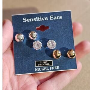 Sensitive Ears Set of 3 Stud Earrings Silver-Tone Gold-Tone Round Cubic Zirconia